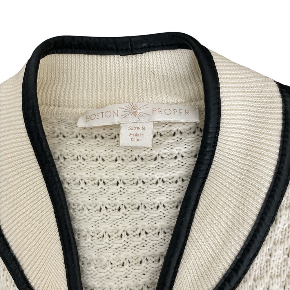 Boston Proper Cream Sweater Cardigan with Faux Leather Black Trim - Picture 2 of 4